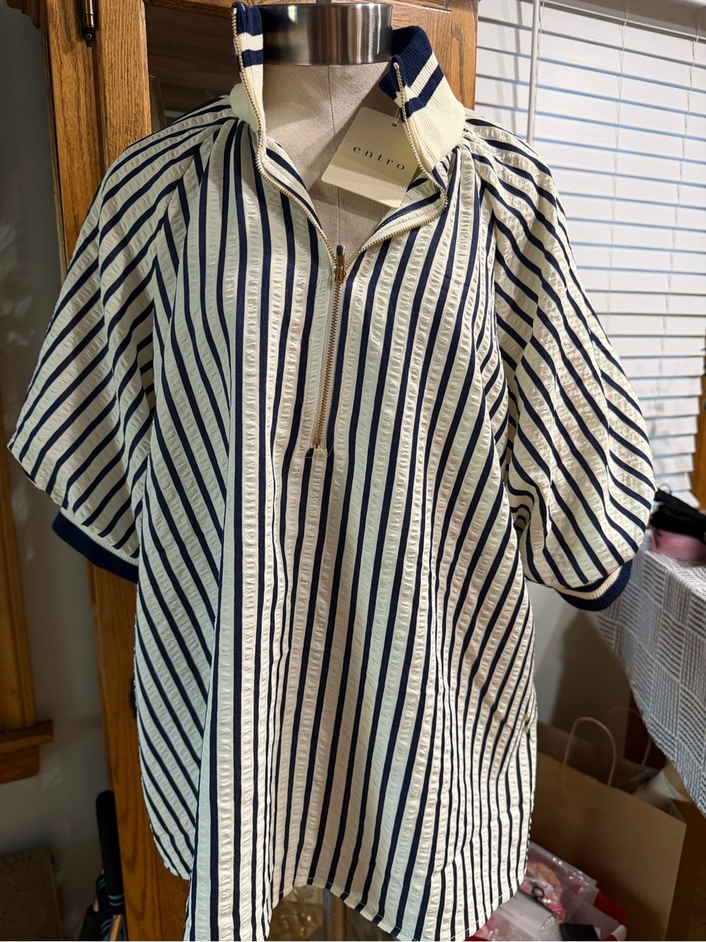 entro Navy and White Striped Zip-Front Women's Top